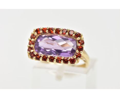 AN AMETHYST AND GARNET DRESS RING, a fancy cut amethyst set with a halo of circular cut garnet stones, all in a yellow gold p