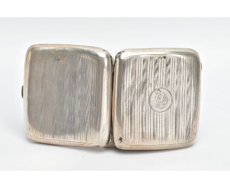 A SILVER CIGARETTE CASE, of a rounded square form, engine turned design with engraved monogram, fitted with a push pin clasp,