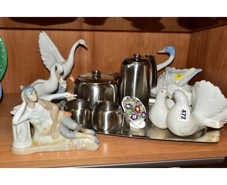 AN OLD HALL STAINLESS STEEL FOUR PIECE TEA SET ON TRAY, LLADRO, NAO AND OTHER SPANISH CERAMICS, ETC, including an Aynsley 'Ap