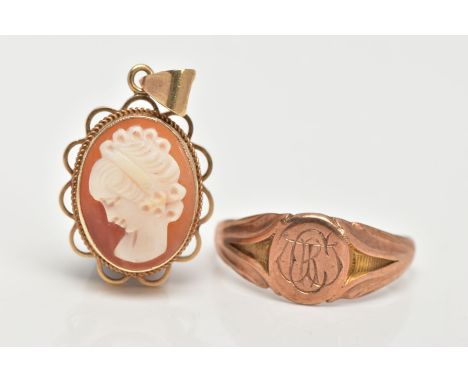 A 9CT GOLD CAMEO PENDANT AND SIGNET RING, a shell cameo, depicting a lady in profile set in a rope and open work scallop moun