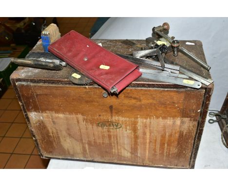 A WOODEN MOORE &amp; WRIGHT ENGINEERS TOOL BOX WITH A SELECTION OF TOOLS AND INSTRUMENTS ETC, to include Chesterman two piece