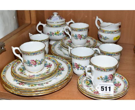 A COALPORT MING ROSE PATTERN PART TEA / COFFEE SERVICE, comprising a twin handled sugar bowl and cover, a cream jug, six coff