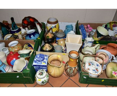 FIVE BOXES AND LOOSE CERAMIC VASES AND JUGS ETC, to include a Langley Pottery vase height 26cm, in a brown and green leaf pat