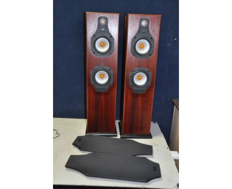 A PAIR OF MONITOR AUDIO SILVER 5i HI FI SPEAKERS in rosewood effect case (some sun bleaching to top of both cabinets and flui