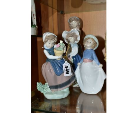 TWO LLADRO AND TWO NAO PORCELAIN FIGURES OF GIRLS, the Lladro comprising Spring is Here, model no.5223, sculpted by Juan Huer