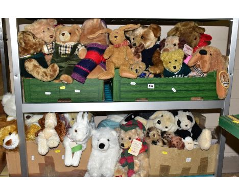 FOUR BOXES OF SOFT TOYS, approximately forty modern teddy bears and soft animals to include six Harrods teddy bears, Hamleys 