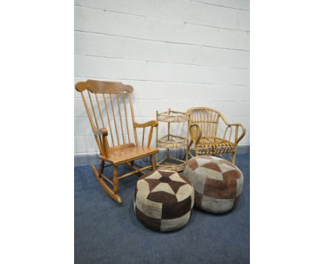 A BEECH SPINDLE BACK ROCKING CHAIR, along with two graduated upholstered patchwork pouffes, a wicker armchair, commode chair 