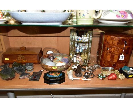 A QUANTITY OF COLLECTABLES, TREEN, MARBLE EGGS, MINIATURE CERAMICS, ETC, including a modern circular table top yew wood chest