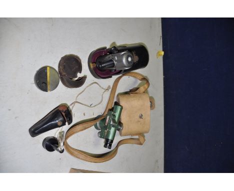 A TRAY CONTAINING VINTAGE SURVEYING EQUIPMENT including a Stanley and Site square Levels, a Watkins Clinometer etc (4)