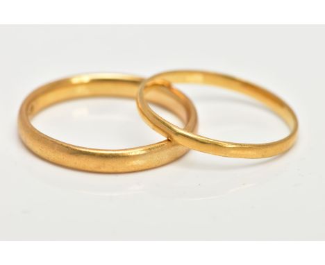 TWO 22CT GOLD BAND RINGS, a soft courted band ring approximate width 3mm, approximate depth 1mm, ring size P 1/2, hallmarked 