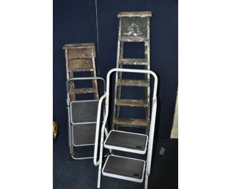 A PAIR OF METAL STEPLADDERS and a pair of vintage wooden ladders (4)