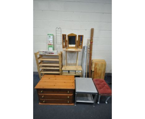 A SELECTION OF MODERN OCCASIONAL FURNITURE, to include five beech folding tables, beech chest of drawers containing wicker ba