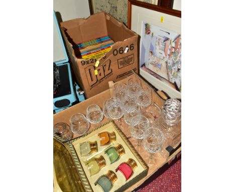 TWO BOXES AND LOOSE SUNDRY ITEMS ETC, to include a set of six Edinburgh Crystal wine glasses, two pairs of brandy balloons, m