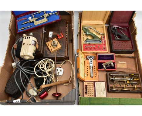 TWO BOXES OF WATCH MAKERS TOOLS AND EQUPIMENTS, to include a cased 'Seitz' pusher press with attachments (almost complete), a