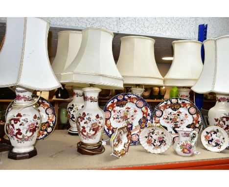 SIX MASONS CERAMIC TABLE LAMPS, WITH OTHER MASONS IRONSTONE WARES, comprising three Mandalay pattern and three Mandalay Red p