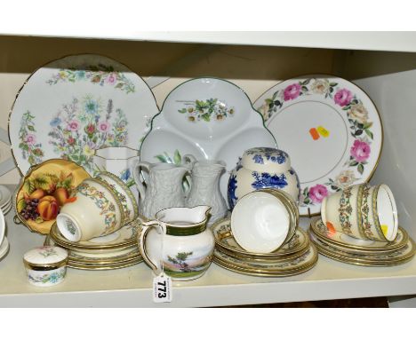 A GROUP OF CERAMIC TEAWARES, twenty seven pieces to include a Royal Worcester Royal Garden Elgar pattern cake plate, a Royal 