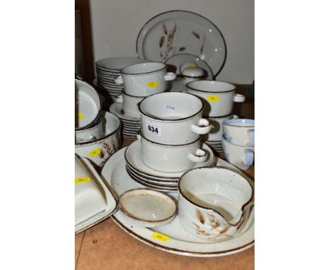 MIDWINTER STONEHENGE 'WILD OATS' PART DINNER SERVICE, comprising eight twin handled soup bowls with saucers, eight dessert bo