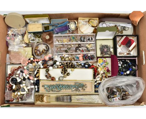 A BOX OF MOSTLY COSTUME JEWELLERY, to include a white metal RAF enamel brooch, stamped 'Silver', length 50mm, fitted with a b