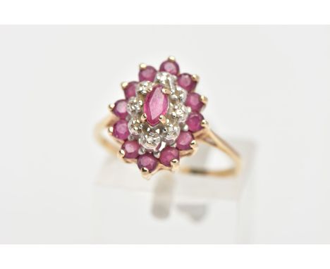 A 9CT GOLD RUBY AND DIAMOND CLUSTER RING, slightly raised cluster of a navette shape, set with a central marquise cut ruby, i