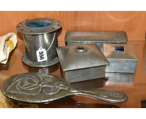 TWO LIBERTY &amp; CO PEWTER BOXES AND THREE OTHER ITEMS OF PEWTER, comprising a Liberty &amp; Co cigarette box of square form