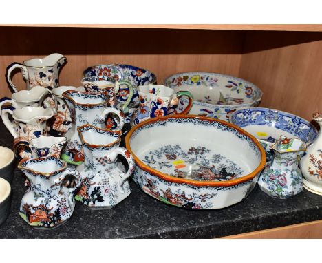 A GROUP OF MASONS IRONSTONE AND SIMILAR WARES, sixteen pieces to include a Masons coloured willow pattern bowl diameter 27.5c