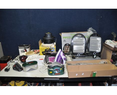 A COLLECTION OF HOUSEHOLD ELECTRICALS including a Bosch IXO 3.6v electric  screwdriver, a Hilka Car Polisher, two Pifco Quart