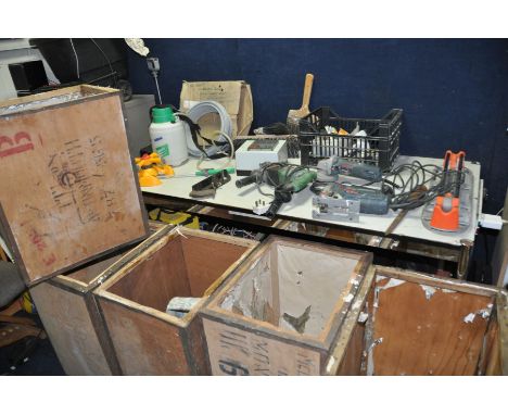 FIVE VINTAGE TEA CHESTS CONTAINING POWER TOOLS, hand tools and hardware including a Bosch BST 130BCE jigsaw, a Bosch GSW 660 