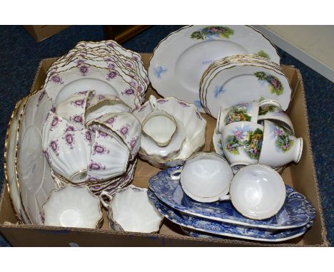 A BOX OF CERAMIC TEA SETS, including an Edwardian Star China Company (later Paragon) thirty four piece tea set, with wavy rim