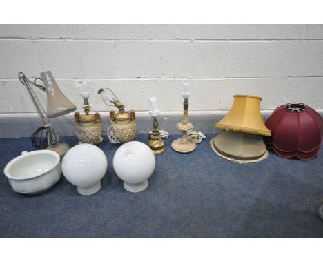 A SELECTION OF LIGHTING, to include a brown angle poise desk lamp, pair of Greek brassed table lamps, two other table lamps, 