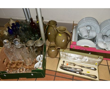 THREE BOXES AND LOOSE CERAMICS, GLASS AND METALWARES, including a French silver handled three piece carving set, a Japanese '