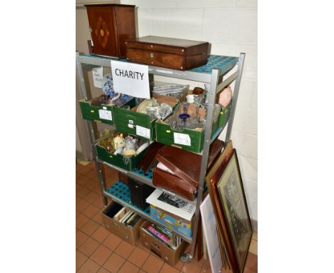 TEN BOXES AND LOOSE CERAMICS, GLASS WARES, BOOKS, RECORDS, PICTURES AND SUNDRY ITEMS, to include a small cabinet with marquet