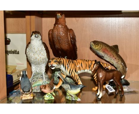 EIGHT BESWICK ANIMAL, BIRD AND FISH FIGURES, comprising 'Grey Wagtail' model no.1041B, Wren, first version, model no. 993A, '