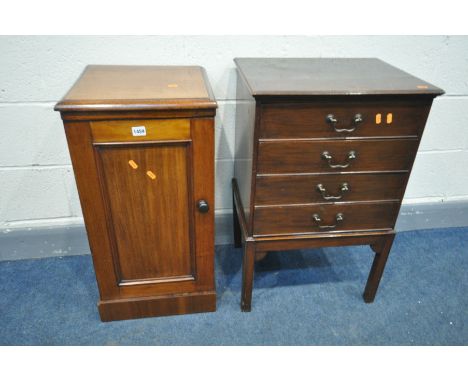 A VICTORIAN MAHOGANY WASHSTAND, the hinged top enclosing a ceramic basin, above a single drawer, width 38cm x depth 37cm x he