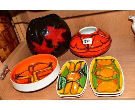 SEVEN PIECES OF POOLE POTTERY, six from the Delphis range, comprising four rectangular pin dishes, shape no. 361, length 18cm