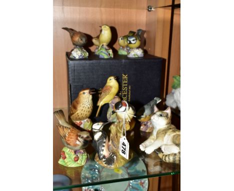 TEN ROYAL WORCESTER BIRD FIGURES AND GROUPS AND A ROYAL WORCESTER 'KITTENS - TABBY', the birds comprising 'Pied Woodpeckers' 