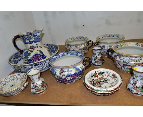 A GROUP OF MASONS IRONSTONE CERAMIC WARES, and a Copeland soap drainer and dish with ribbon and floral garland pattern, ten p