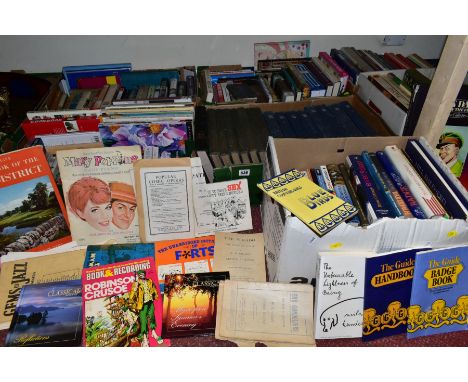 SEVEN BOXES OF BOOKS ETC, subjects include cookery - James Martin, River Cottage, Vefa's Cottage, Delia Smith etc, hobbies an