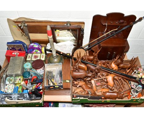 TWO BOXES AND LOOSE TREEN, TOOLS, METALWARES ETC, to include a twentieth century wooden tabletop smokers cabinet with pipe ra