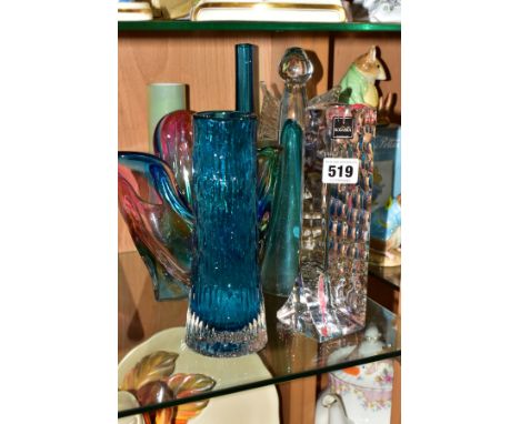 SIX PIECES OF MODERN COLOURED AND CLEAR GLASSWARE, including a Rogaska triangular candlestick, height 20.5cm, a peacock blue 