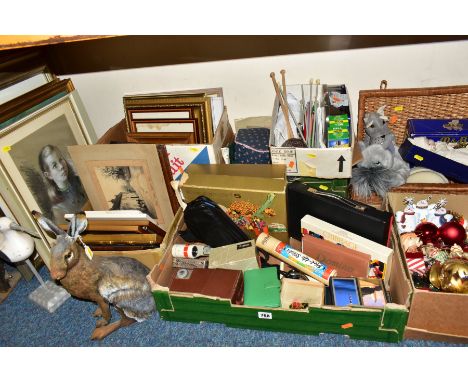 SEVEN BOXES AND LOOSE PICTURES, CHRISTMAS DECORATIONS, KNITTING, SEWING AND SUNDRY ITEMS, to include approximately twenty fra