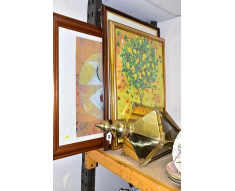 A LANTERN, PICTURES AND COLLECTORS PLATES, comprising a hexagonal brass lantern with light bulb fitting (untested) and fixing