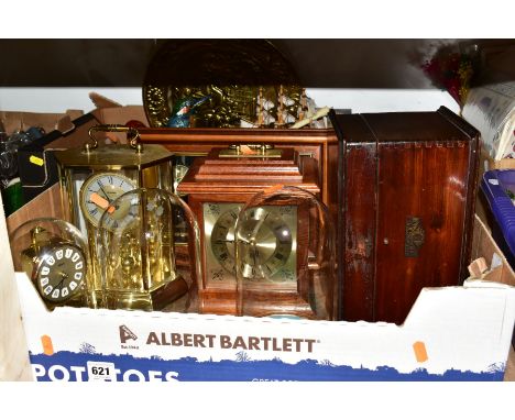 TWO BOXES OF CLOCKS, METALWARES AND SUNDRY ITEMS, to include two glass display domes with bases height 22cm, diameter of dome