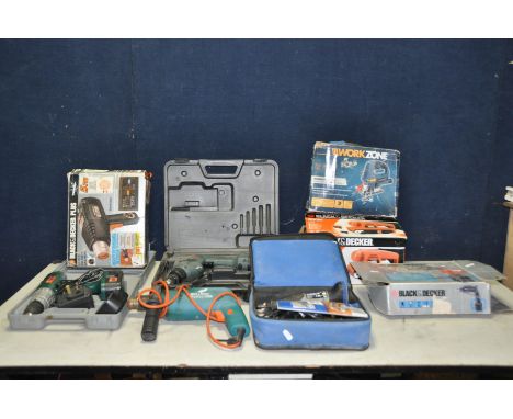 A SELECTION OF ELECTRICAL TOOLS to include a Pro User drill, Black and Decker proline drill, Workzone jigsaw, Black and Decke
