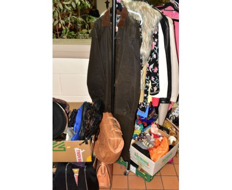FOUR BOXES AND LOOSE LADIES' CLOTHING, SHOES AND ACCESSORIES to include an Openair by Proudhart long waxed coat, assorted coa