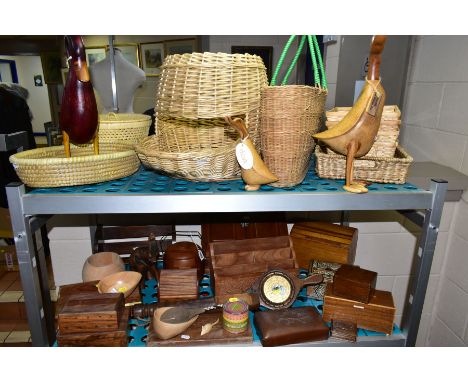 A QUANTITY OF TREEN AND WICKER ITEMS, to include three dcuk ducks with name tags, tallest 39cm, wooden letter racks, two asym