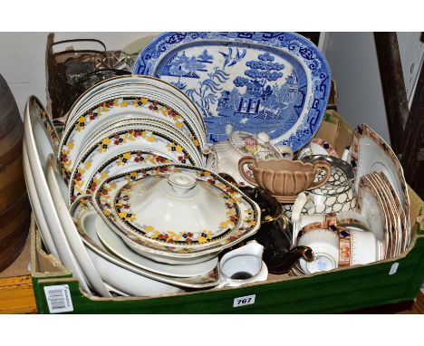 TWO BOXES OF CERAMICS AND GLASS WARES, to include a twenty piece unmarked Art Deco dinner service, a twenty piece C W S Winds