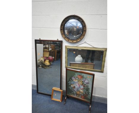 A REGENCY STYLE CIRCULAR CONVEX WALL MIRROR, diameter 48cm, a French style green and gilt finish bevelled edge wall mirror, 7