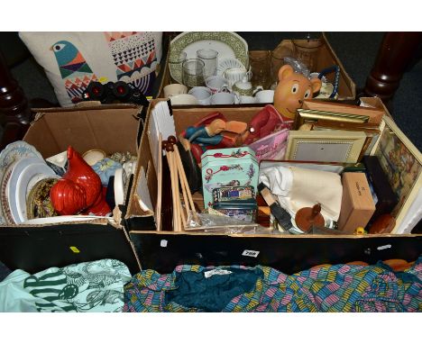 THREE BOXES AND LOOSE CERAMICS, HABERDASHERY, CLOTHING AND MISCELLANEOUS ITEMS, to include a Royal Albert Miss Moppet Beatrix