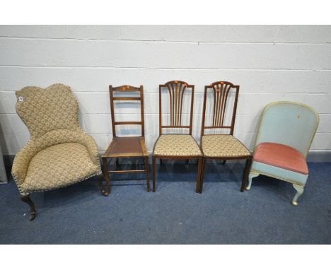 AN EARLY 20TH CENTURY MAHOGANY CHAIR, with a shaped back, on Queen Anne legs and ceramic casters, along with two Edwardian ma