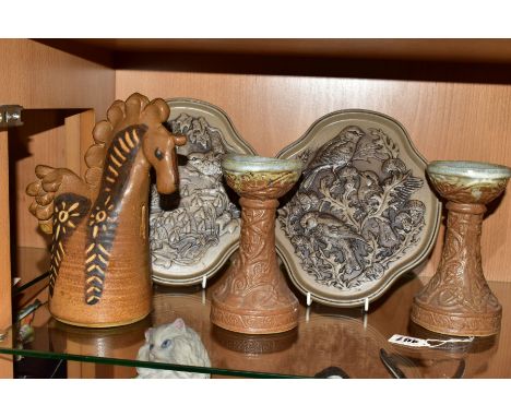 FIVE PIECES OF STUDIO POTTERY AND STONEWARE, comprising a pair of Martha Allen of Marazion relief decorated candlesticks, imp